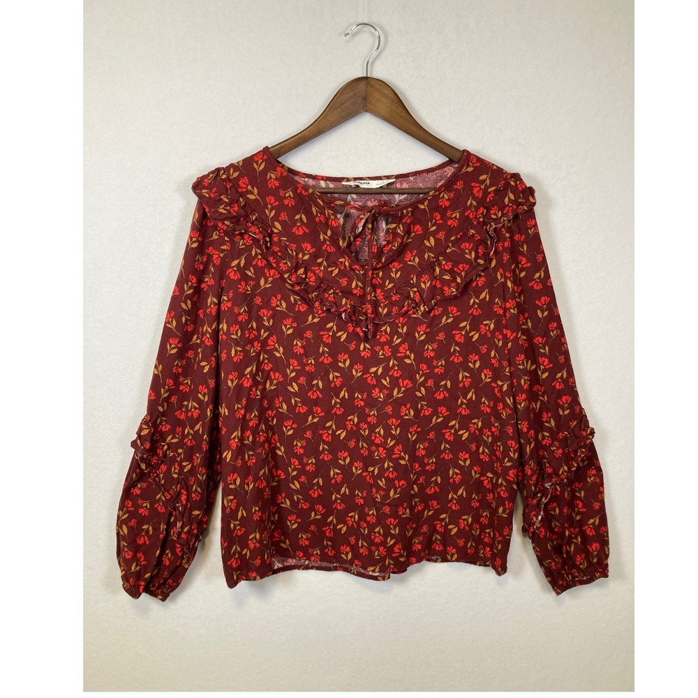 Sonoma Goods For Life Burgundy Floral Ruffle Tie Neck Peasant‎ Blouse Large